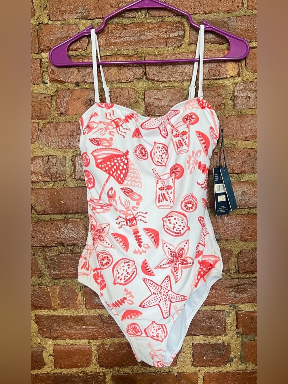 Caribbean Joe Beaded embellishments White & Coral One-Piece Swimsuit